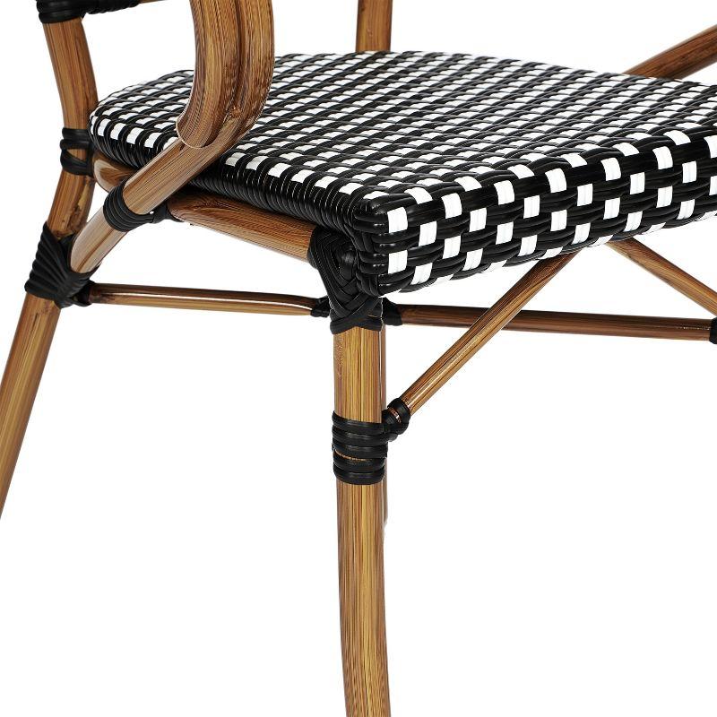 Emma & Oliver Soie Indoor/Outdoor Stacking Thonet Bistro Style Chair with Arms, Black & White PE Rattan Seat and Natural Bamboo Finished Metal Frame