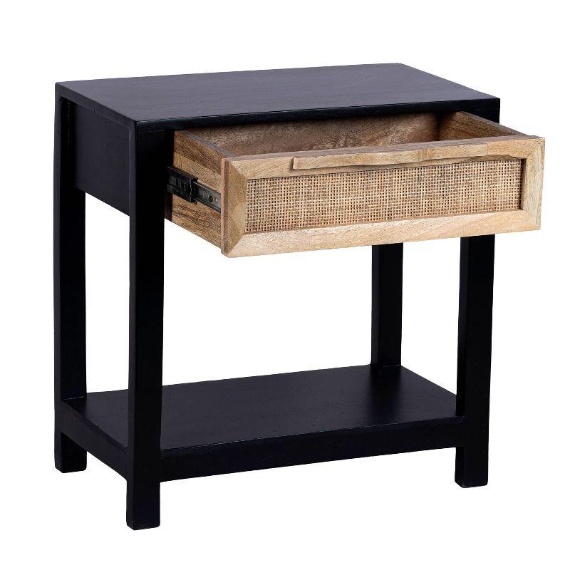 Benzara 22" Side Table with Rattan Front Drawer and Open Shelf Mango Wood Frame Black/Brown