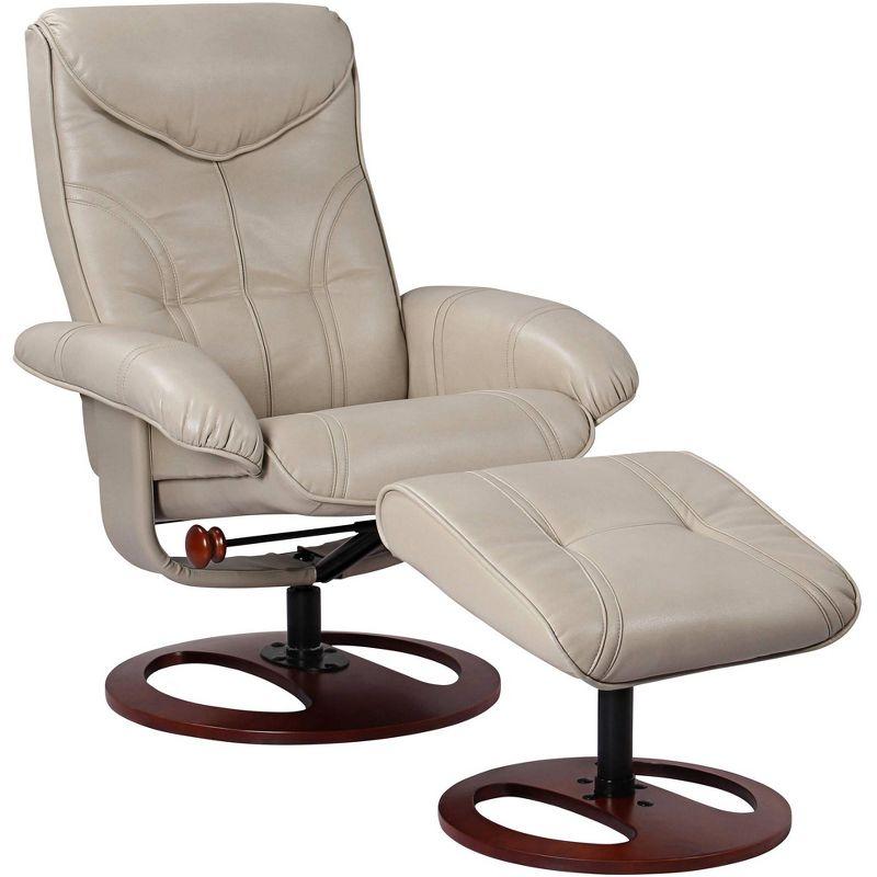 Taupe Bonded Leather Swivel Recliner with Walnut Base and Ottoman