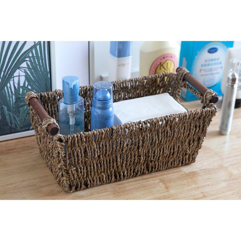 Brown Seagrass Rectangular Storage Basket with Wooden Handles