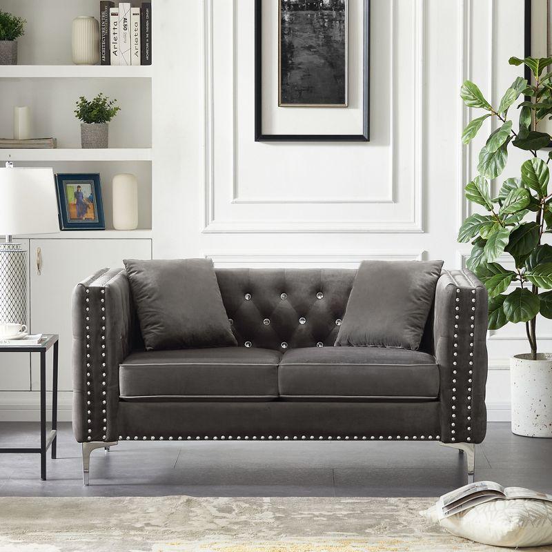 Gray Velvet Tufted Loveseat with Jeweled Buttons and Pillows