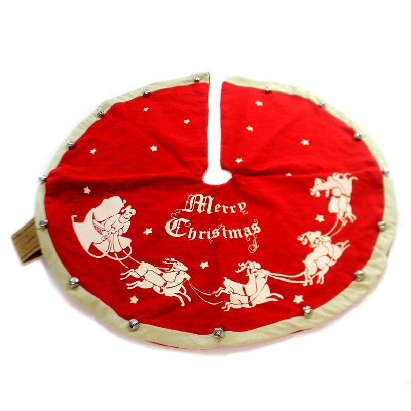 Vintage Red and Cream Fabric Christmas Tree Skirt with Bells