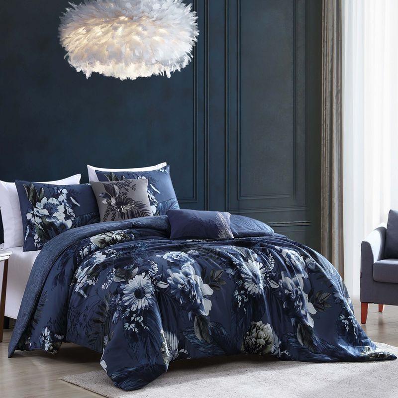 Delphine Blue Floral Cotton King Reversible Comforter Set