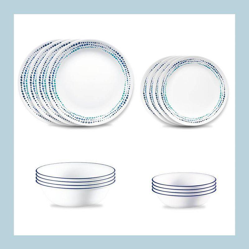 Corelle 16pc Vitrelle Ocean Blues Dinnerware Set: Polka Dot Plates & Bowls, Service for 4, Dishwasher-Safe