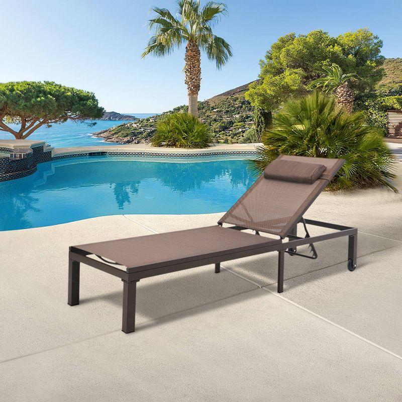 Brown Aluminum Adjustable Outdoor Chaise Lounge with Cushion