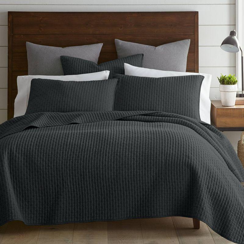Charcoal Cotton Reversible Twin Quilt Set with X-Stitching