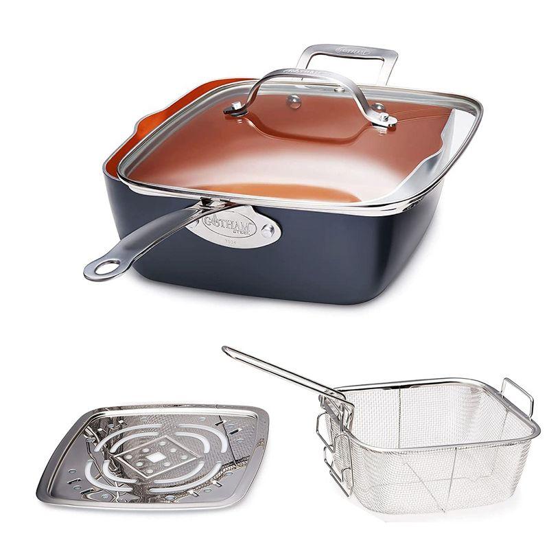Gotham Steel Gotham Steel 9.5" Deep Squre Nonstick Pan with Steamer Tray, Fry Basket and Glass Lid