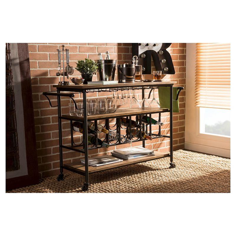 Bradford Industrial Antique Black Distressed Wood Bar Cart: Glass Racks, Towel Holders - Baxton Studio