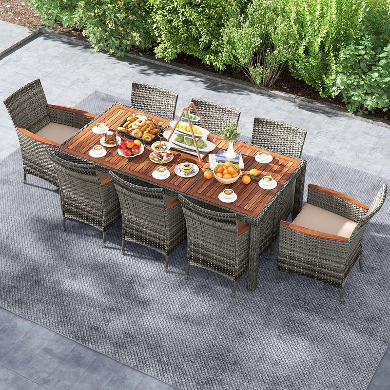 Costway 9PCS Patio Rattan Dining Set Acacia Wood Table Cushioned Chair Mix Gray