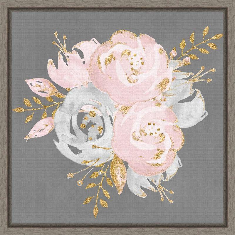 Floral Bouquet on Gray Canvas Wall Art with Golden Accents