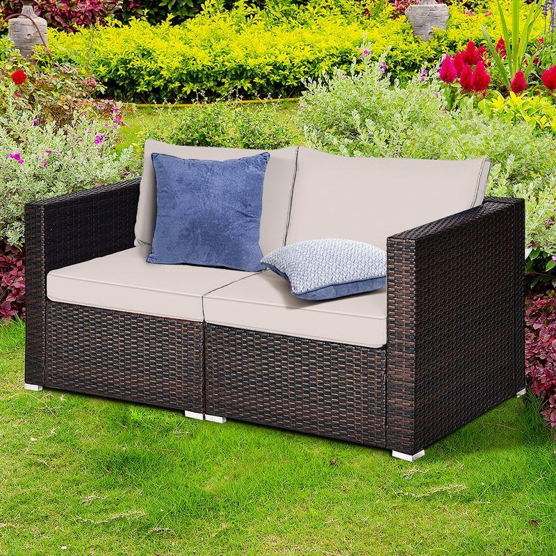 Tangkula 2PCS Rattan Corner Sofa Set Patio Outdoor Furniture Set w/ 4 Beige Cushions