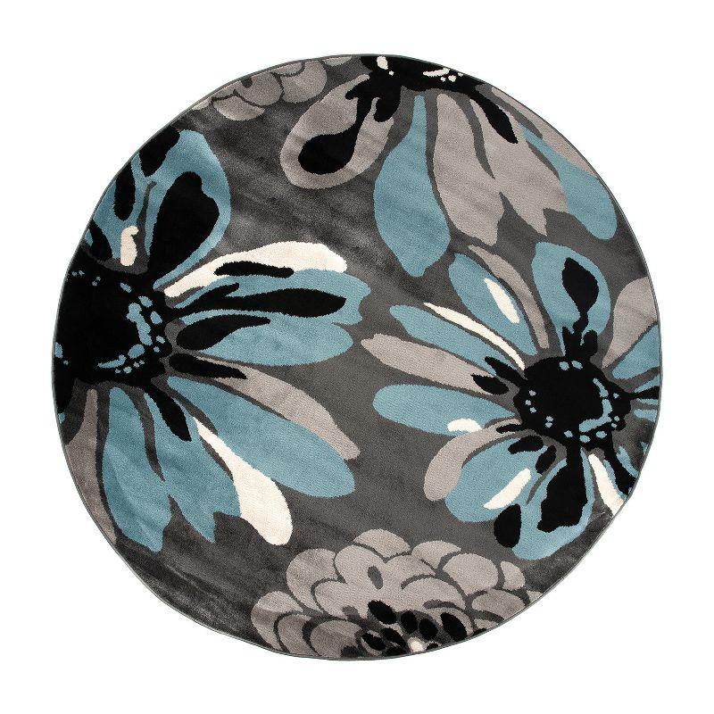 Blue and Gray Synthetic Round Floral Area Rug