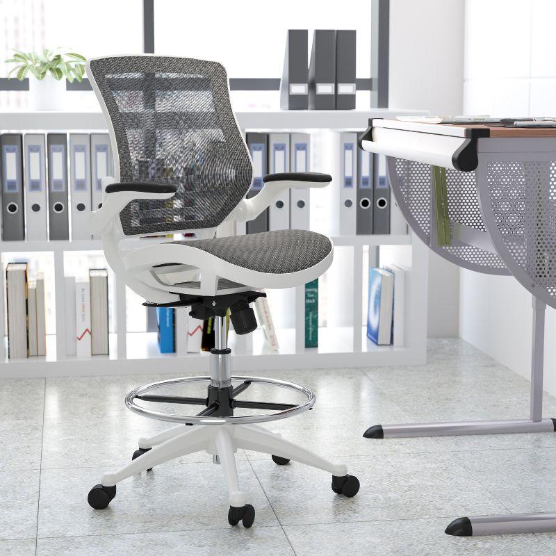 Gray Mesh Mid-Back Drafting Chair with White Frame