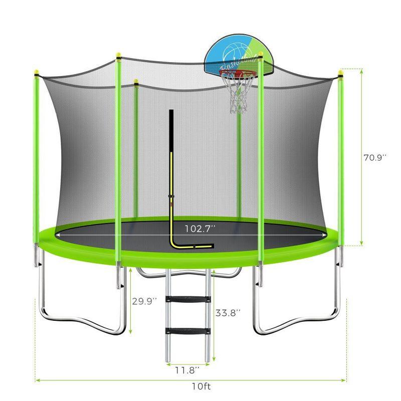 Trampoline For Kids, 10FT Trampoline With Safety Enclosure Net, Basketball Hoop And Ladder, Outdoor Round Recreational Trampoline