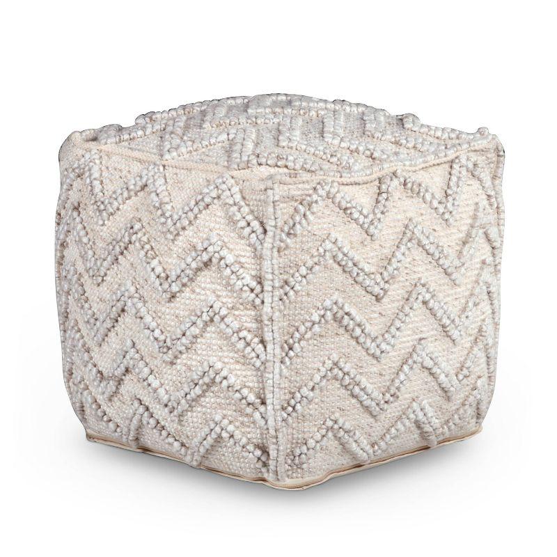 Kenzari Cream Zigzag Handwoven Wool Pouf - 18"