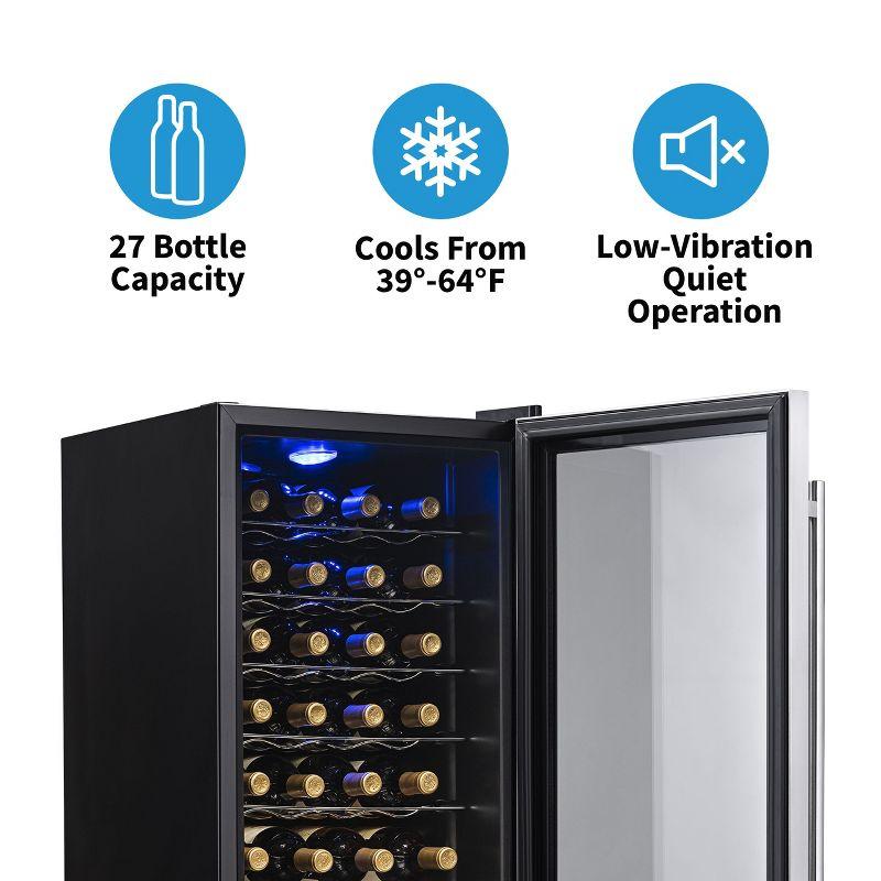 Newair 27 Bottle Wine Cooler in Stainless Steel with Removable Shelves and Safety Lock