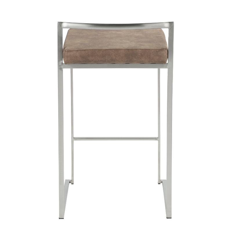 LumiSource Set of 2 26" Fuji Contemporary Stackable Counter Height Barstool Stainless Steel with Brown Cowboy Fabric Cushion: Upholstered