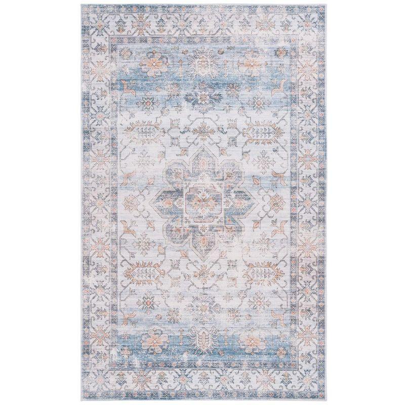 Ivory and Light Blue Weathered Medallion Washable Area Rug