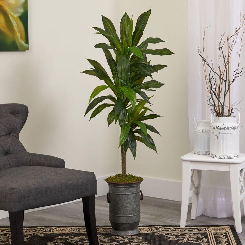 Nearly Natural 4-ft Dracaena Artificial Plant in Vintage Metal Planter (Real Touch)