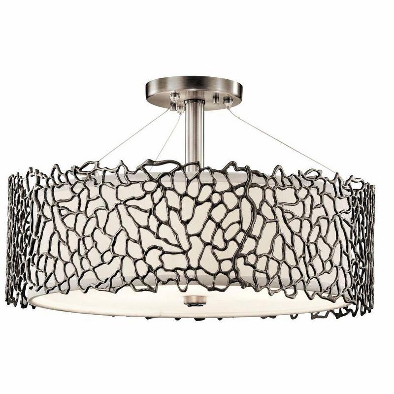 Silver Coral 11" 3 Light Convertible Pendant with Etched Diffuser and White Fabric Shade in Classic Pewter