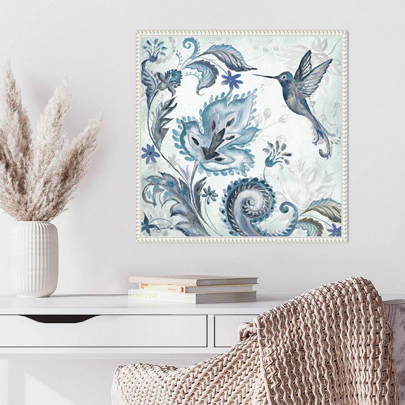 Watercolor Boho Blue Hummingbird Canvas Wall Art in White Frame