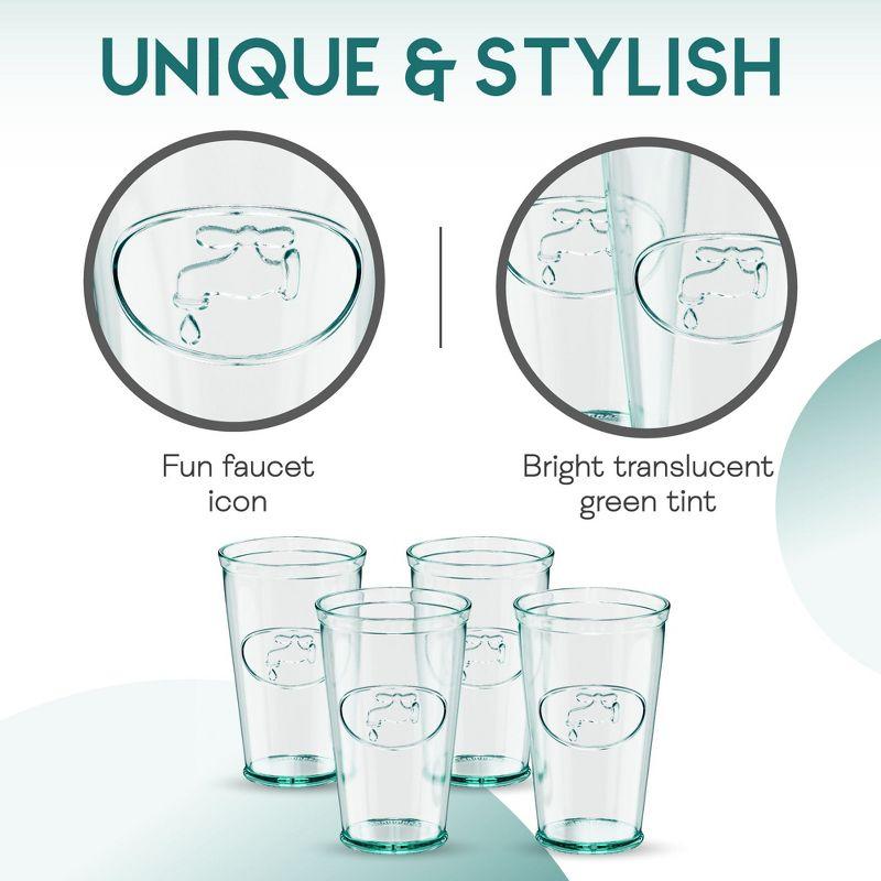 Amici Home Italian Recycled Green Water Tap Hiball Glass, Drinking Glassware with Green Tint, Embossed Water Faucet Icon, Set of 4,16-Ounce