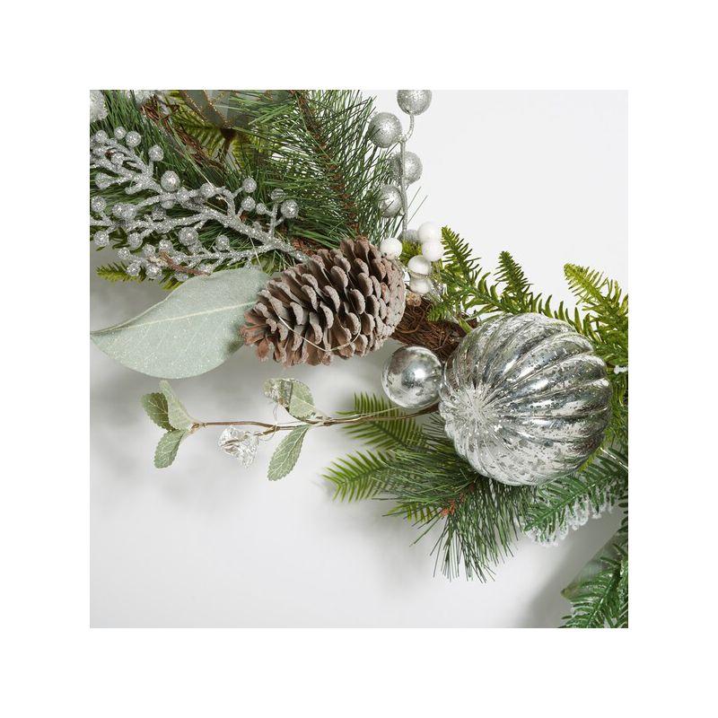 Faux 28" Snowy Pine Led Garland W/ Ornaments - Silver/Green - Safavieh