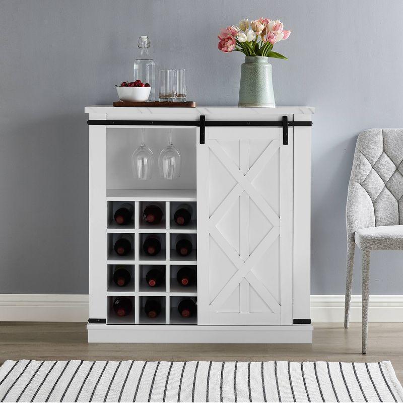 Festivo 37" White Wood Barn Door Buffet Bar Cabinet with Marble Pattern Top