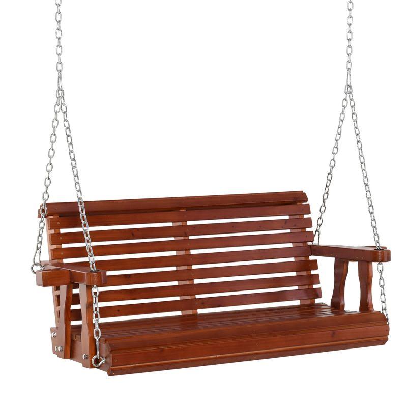 Brown Wooden 2-Person Porch Swing with Chains and Cup Holders