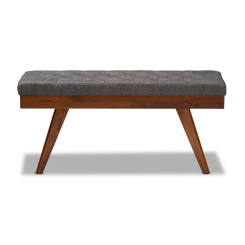 Alona Mid-Century Grey Fabric and Walnut Wood Dining Bench