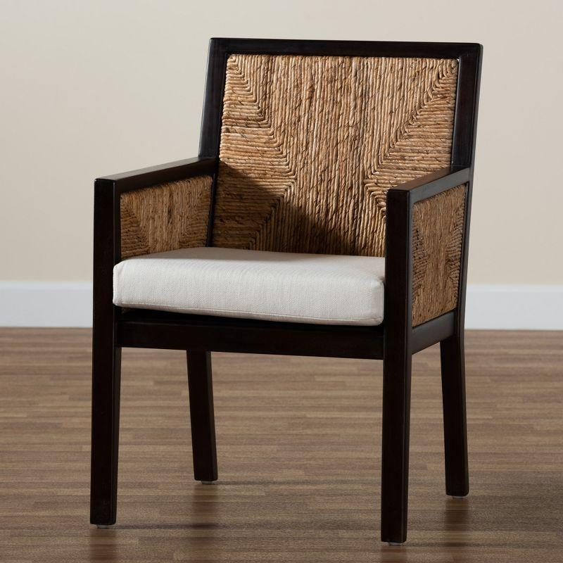 Joana Modern Bohemian Dark Brown Mahogany and Seagrass Arm Chair