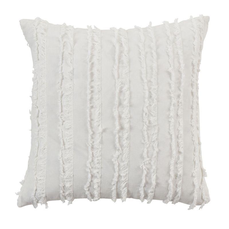 White Cotton Linen Fringe Stripe Throw Pillow