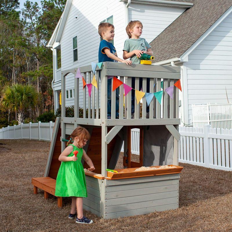 Funphix Lookout Post Outdoor Wooden Playhouse, Buildable Kids Backyard Playset with Climbing Ramp