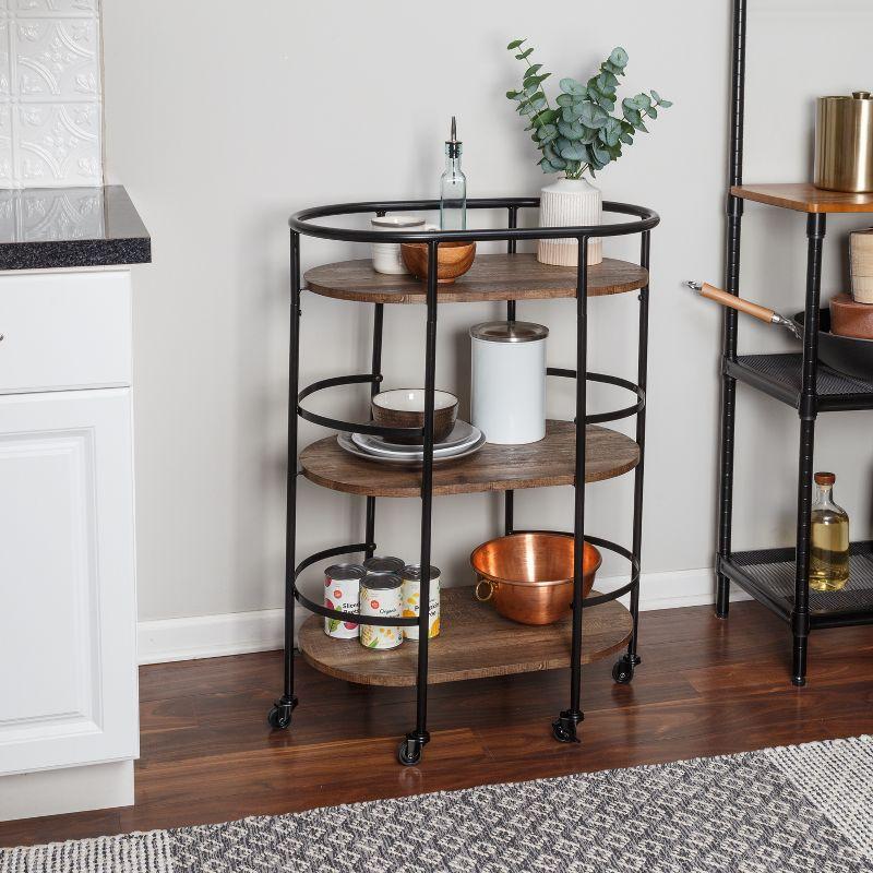 Rustic Brown and Black 3-Tier Oval Bar Cart with Storage