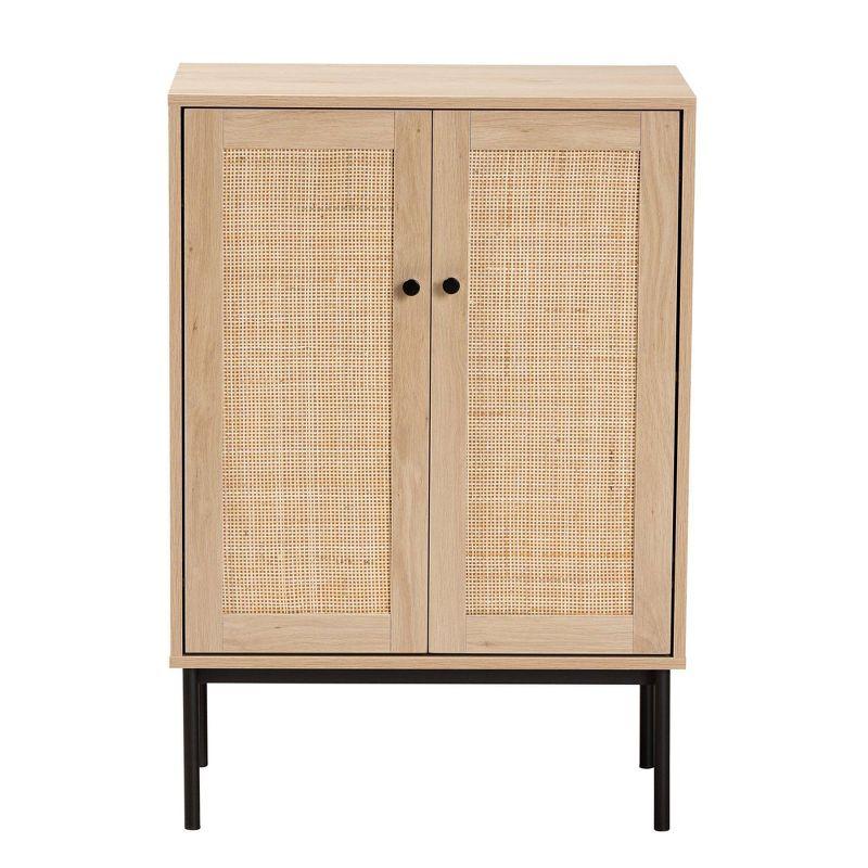 Sherwin 2 Door Storage Cabinet with Woven Rattan Accent Light Brown/Black - Baxton Studio: Mid-Century, Metal Base, Wood Frame