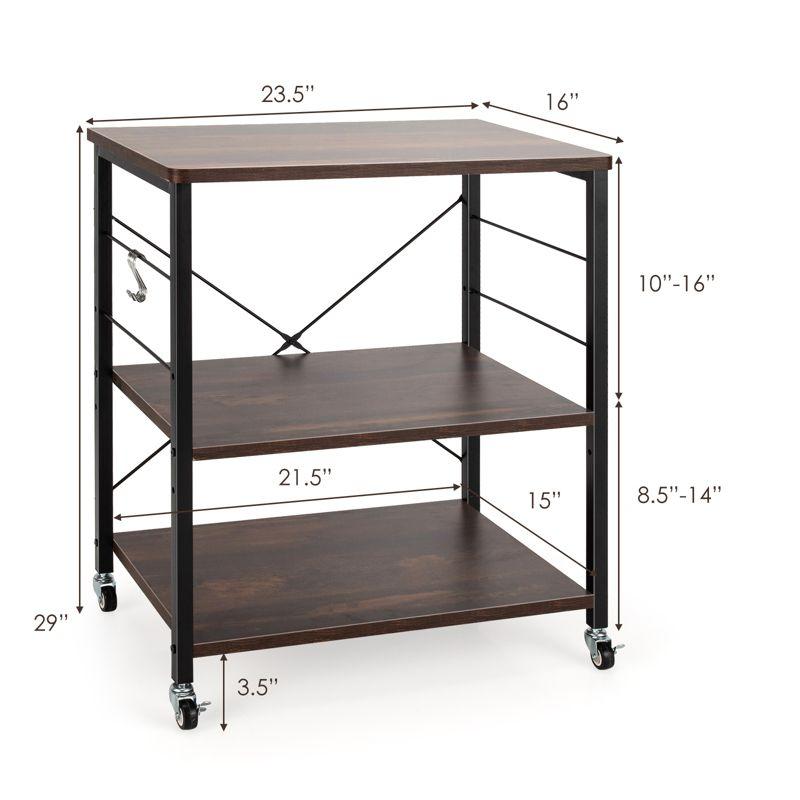 Nut Brown 3-Tier Kitchen Cart with Hooks and Wheels