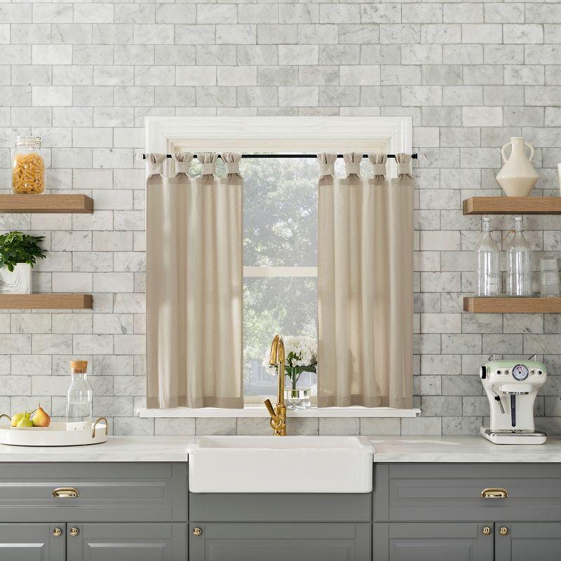 2pc 52"x45" Archaeo Washed Cotton Twist Tab Cafe Curtain Tier Pair Oatmeal: Kitchen Curtains, 45 Inch Long, Solid Beige