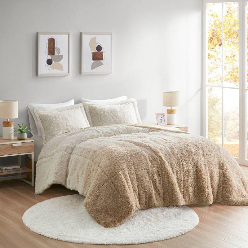 Natural Ombre Twin Shaggy Faux Fur Comforter Set