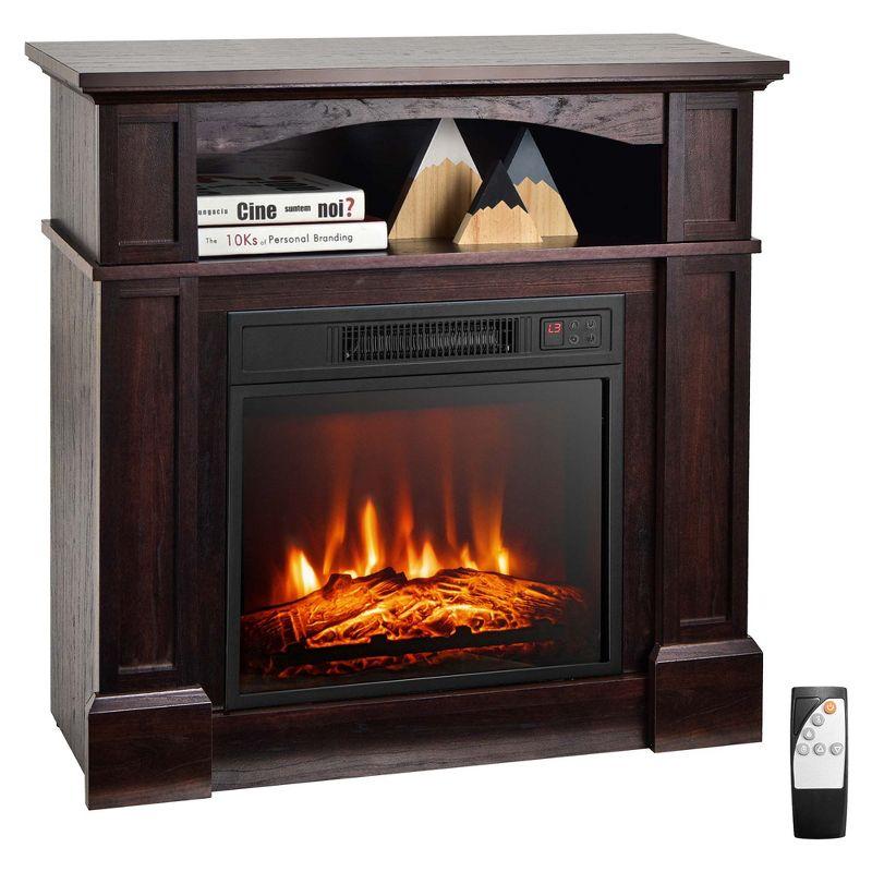 Costway 32" 1400W Electric Fireplace Mantel TV Stand Space Heater W/ Shelf Brown