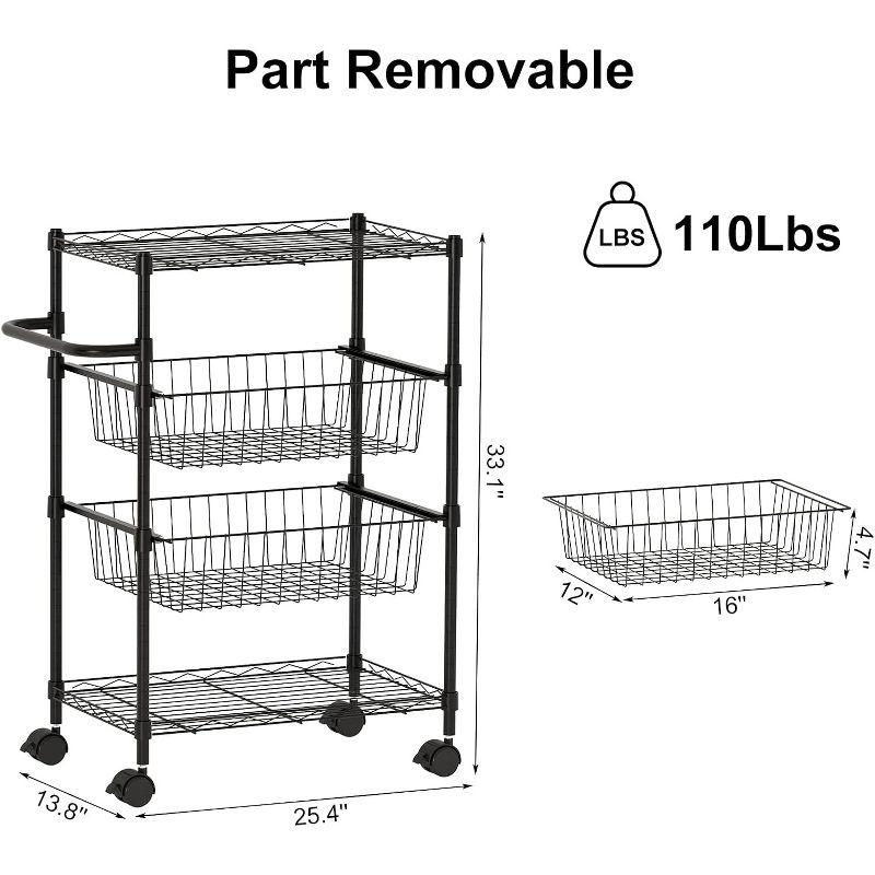 4 Tier Rolling Carts, Metal Wire Utility Cart with Wheels & Handle Bar, 110Lbs Heavy Duty Serving Trolley Storage Cart for Restaurant, Kitchen, Black