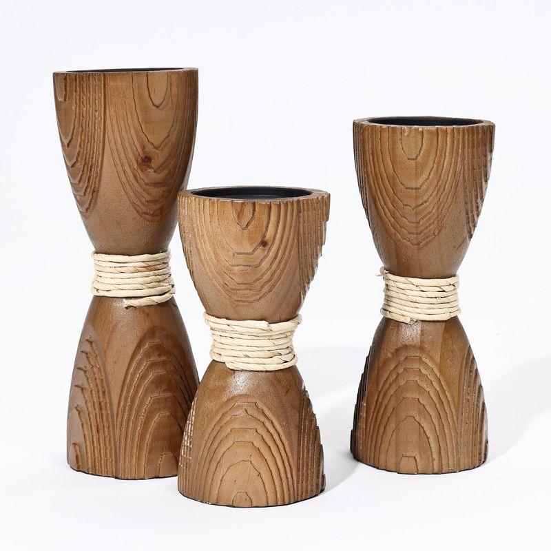 Rustic Pine Wood and Rattan Pillar Candle Holder Set