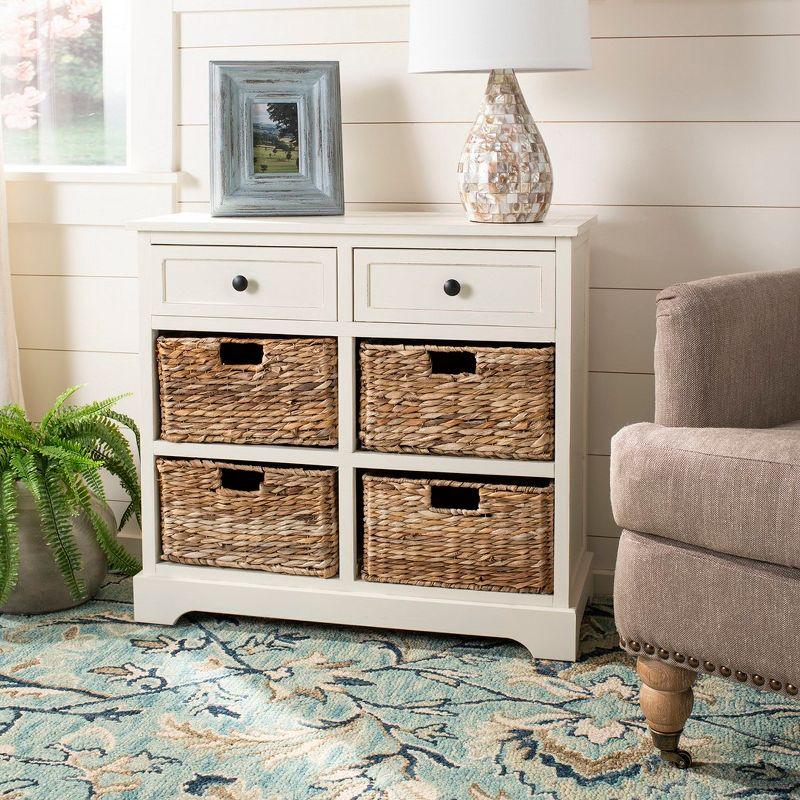 Distressed Cream Pine 6-Drawer Storage Unit with Wicker Baskets