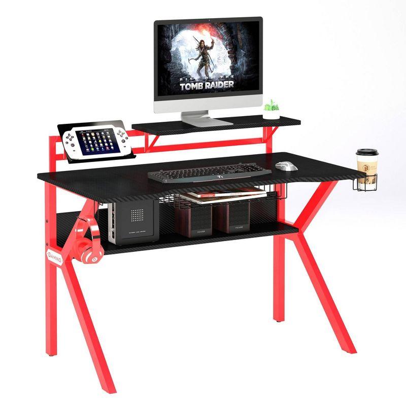 PVC Coated Ergonomic Metal Frame Gaming Desk Black/Red - The Urban Port: Elevated Monitor Shelf, K-Shaped Legs, Headphone Holder