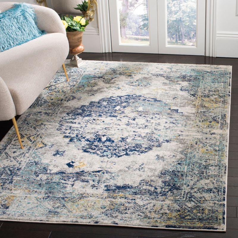 Gray and Blue Floral Motif Synthetic Area Rug, 6' x 9'