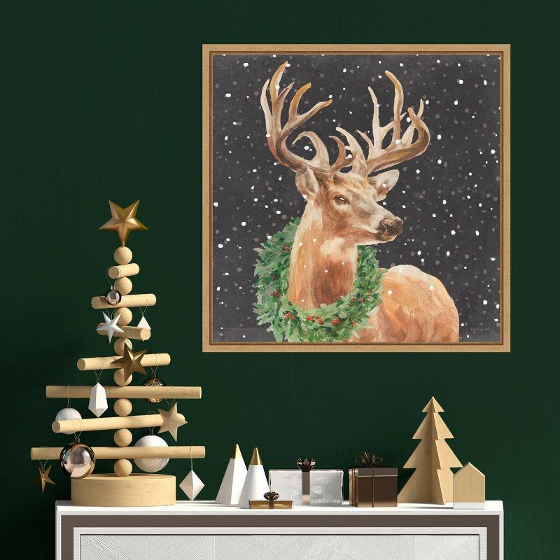 Natural Framed Christmas Deer Canvas Print with Wreath, 22 x 22 Inches