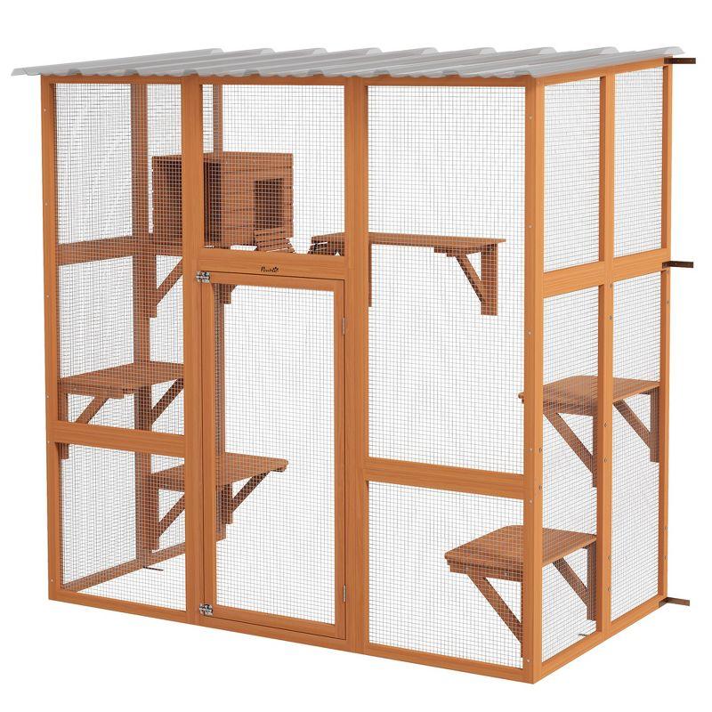 PawHut Catio, Outdoor Cat Enclosure Window Box Wooden Cat House w/ Weather Protection Roof for 2 Kitties with Resting Box, Platforms & Bridge