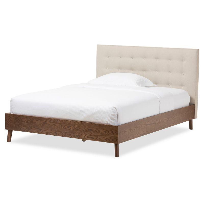 Alinia Light Beige Fabric Upholstered Walnut Wood Queen Platform Bed