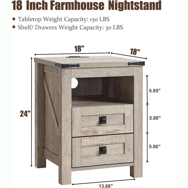 Farmhouse Nightstand wtih Charging Station, 18" End Table Side Table with 2 Drawers for Bedroom, Living Room, Gray