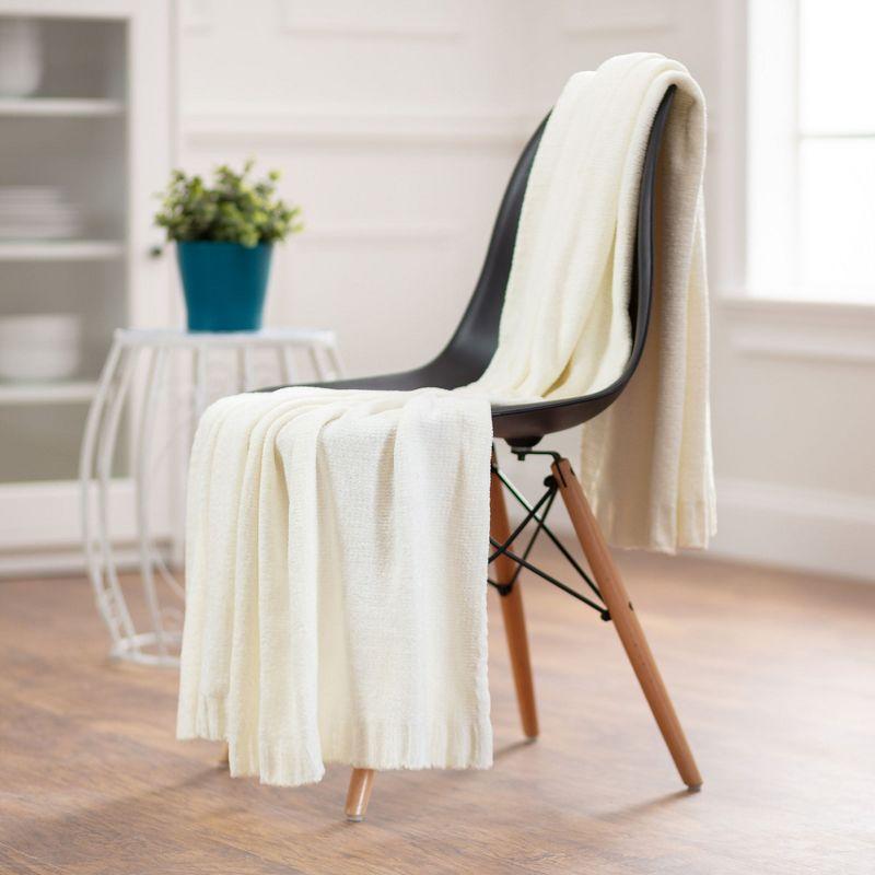 Off-White Chenille Knit Textured Throw Blanket with Tassels