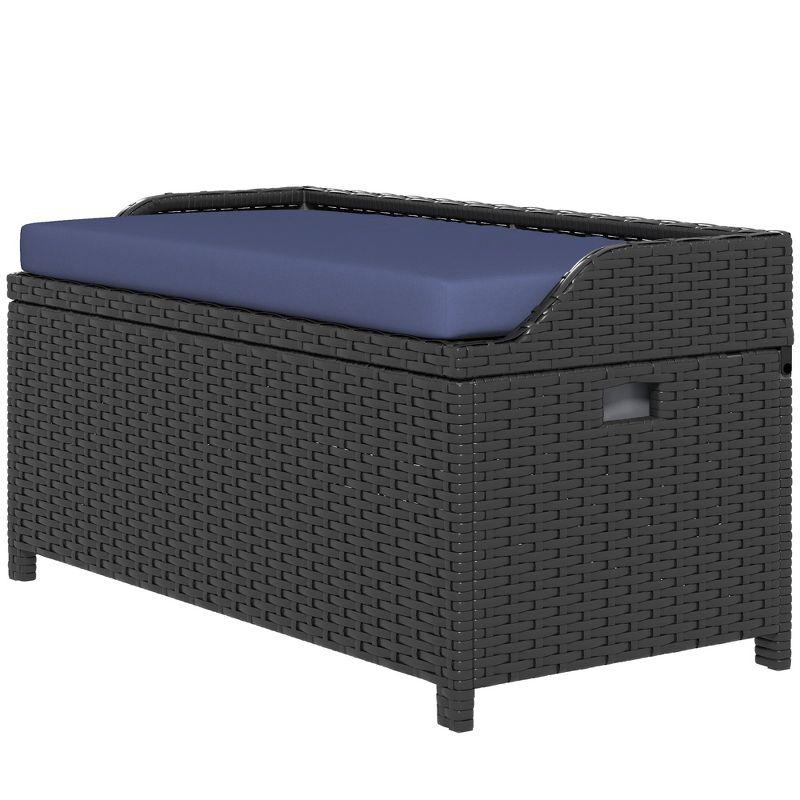 Outsunny Storage Bench Rattan Wicker Garden Deck Box Bin with Interior Waterproof Bag and Comfy Cushion, Navy Blue